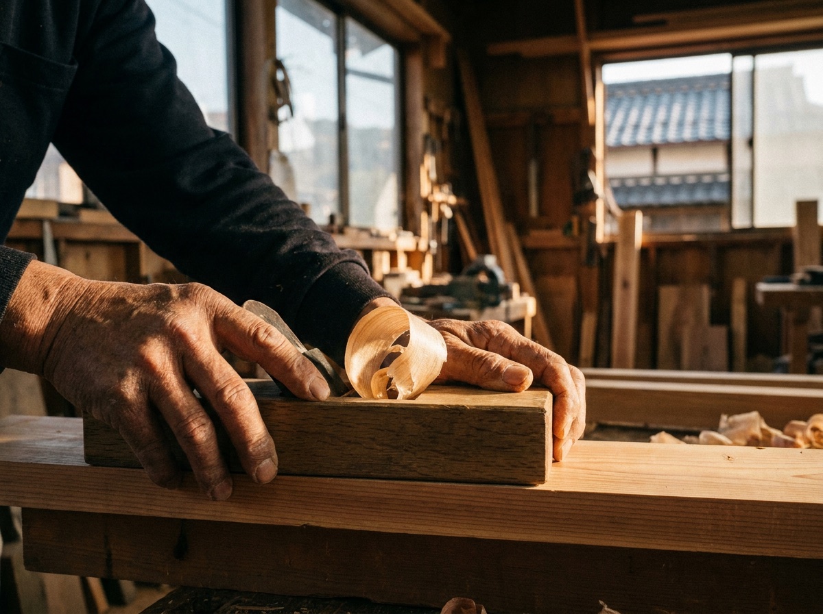 木材にかんなをかける職人の手元
